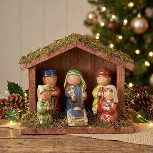 Vintage Minature Childrens Nativity Scene Wooden Structure Porcelain Figures